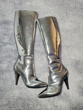 Moschino Tina 100 MM - Metallic Silver Knee-High Stiletto Boots